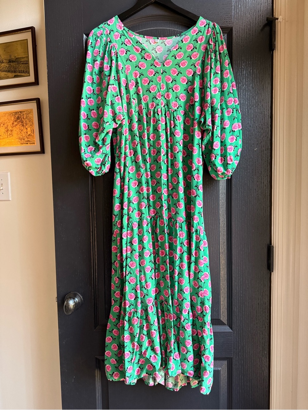 Source Unknown Green Maxi Dress with Pink Floral Print